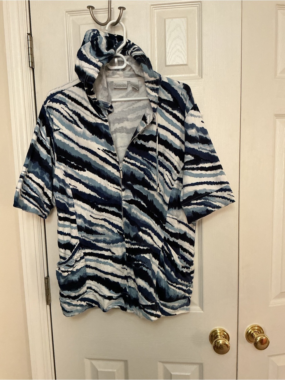 Chico's Blue & White Striped Short-Sleeve Zip Hoodie